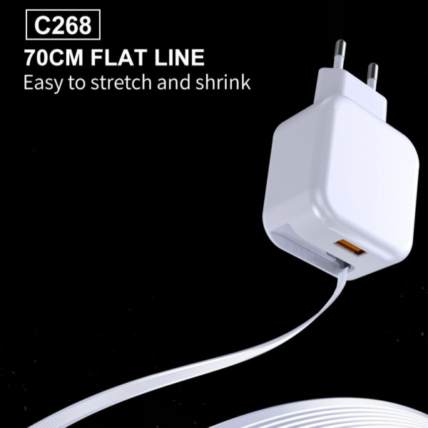 Мережевий зарядний пристрій WUW-C268 12W fast charger USB A +retractable 70cm type c Cable (6978749570044)
