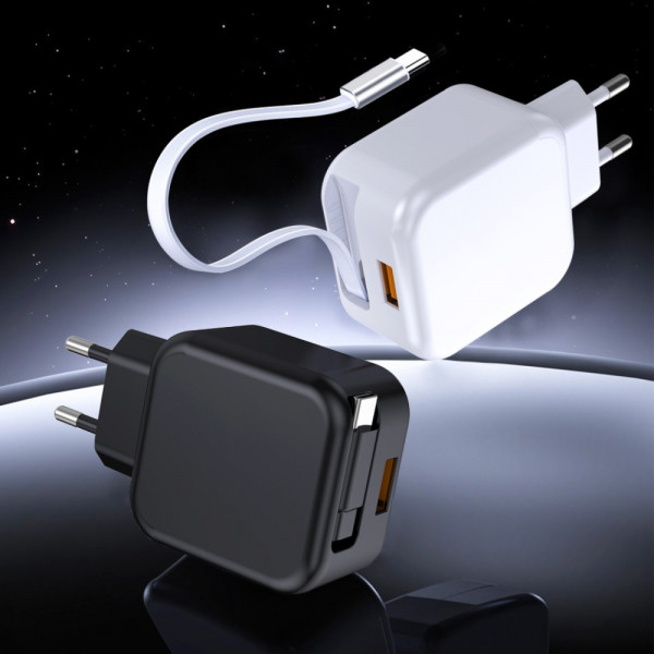 Мережевий зарядний пристрій WUW-C268 12W fast charger USB A +retractable 70cm type c Cable (6978749570044)