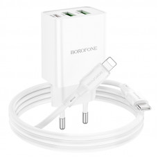 Мережевий зарядний пристрій з кабелем BOROFONE BA70A Quick three-port PD20W(1C2A) charger set(C to iP) White (6941991101410)