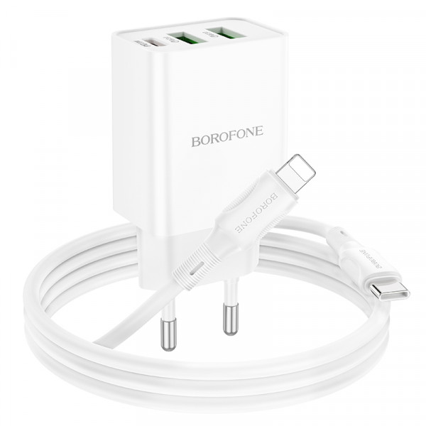 Мережевий зарядний пристрій з кабелем BOROFONE BA70A Quick three-port PD20W(1C2A) charger set(C to iP) White (6941991101410)