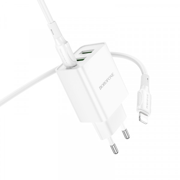 Мережевий зарядний пристрій з кабелем BOROFONE BA70A Quick three-port PD20W(1C2A) charger set(C to iP) White (6941991101410)