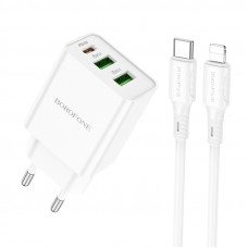Мережевий зарядний пристрій з кабелем BOROFONE BA70A Quick three-port PD20W(1C2A) charger set(C to iP) White (6941991101410)