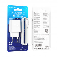 Мережевий зарядний пристрій з кабелем BOROFONE BA70A Quick three-port PD20W(1C2A) charger set(C to iP) White (6941991101410)