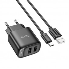 Мережевий зарядний пристрій з кабелем HOCO C141A Smart dual-port charger set(Type-C) Black (6942007627900)