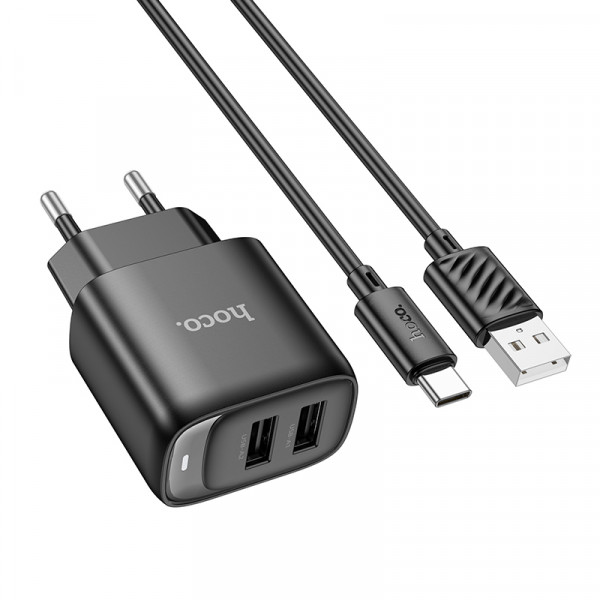Мережевий зарядний пристрій з кабелем HOCO C141A Smart dual-port charger set(Type-C) Black (6942007627900)
