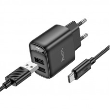 Мережевий зарядний пристрій з кабелем HOCO C141A Smart dual-port charger set(Type-C) Black (6942007627900)