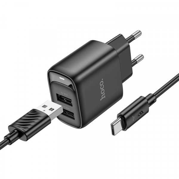 Мережевий зарядний пристрій з кабелем HOCO C141A Smart dual-port charger set(Type-C) Black (6942007627900)