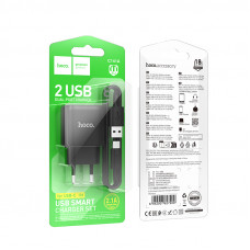 Мережевий зарядний пристрій з кабелем HOCO C141A Smart dual-port charger set(Type-C) Black (6942007627900)
