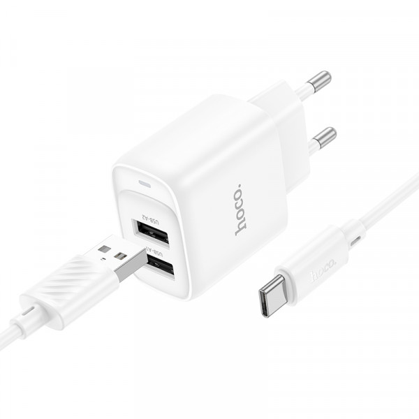 Мережевий зарядний пристрій з кабелем HOCO C141A Smart dual-port charger set(Type-C) White (6942007627917)