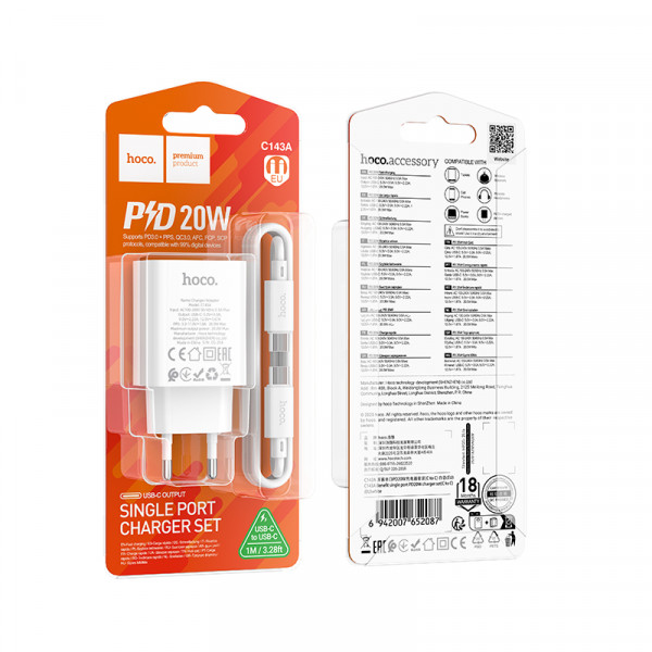 Мережевий зарядний пристрій з кабелем HOCO C143A Benefit single port PD20W charger set(C to C) White (6942007652087)