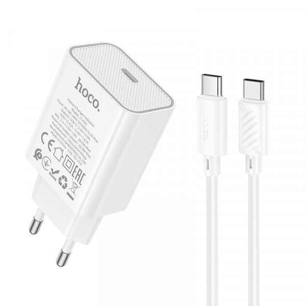 Мережевий зарядний пристрій з кабелем HOCO C143A Benefit single port PD20W charger set(C to C) White (6942007652087)