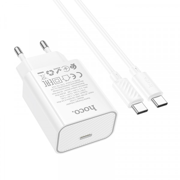 Мережевий зарядний пристрій з кабелем HOCO C143A Benefit single port PD20W charger set(C to C) White (6942007652087)