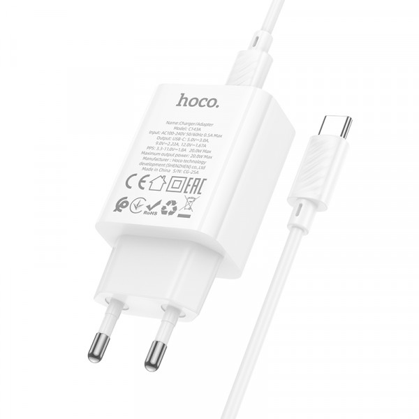 Мережевий зарядний пристрій з кабелем HOCO C143A Benefit single port PD20W charger set(C to C) White (6942007652087)