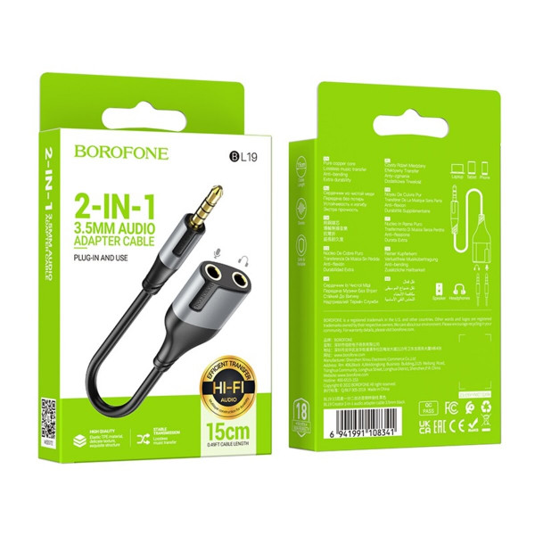Перехідник BOROFONE BL19 Creator 2-in-1 audio adapter cable 3.5mm Black
