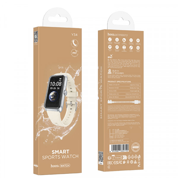 Смарт-годинник HOCO Y34 37mm. 180 mAh. IP67 Smart sports watch(call version) Silver (6942007662710)
