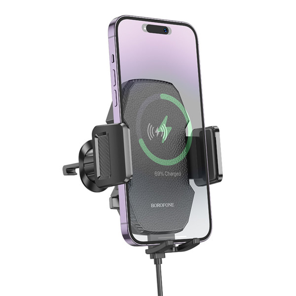 Тримач для мобiльного з БЗП BOROFONE BH213 Adelante wireless fast charging car holder(air outlet) Чорний