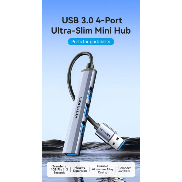 USB-хаб Vention USB 3.0 to USB 3.0/USB 2.0*3 Mini Hub 0.15M Gray Metal Type (CKOHB)