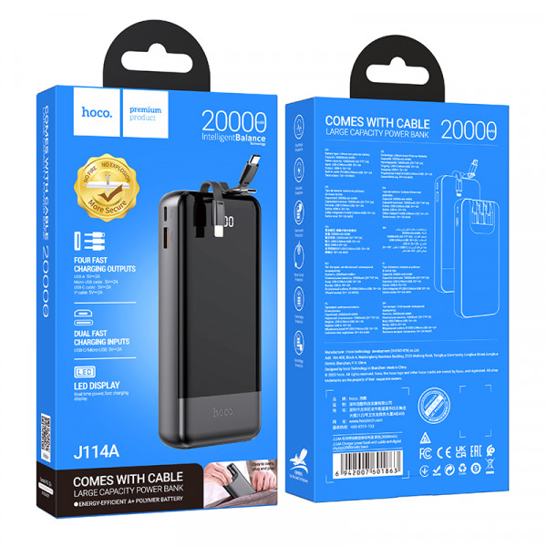 Зовнішній акумулятор HOCO J114A Charger power bank with cable and digital display(20000mAh) Black (6942007601863)
