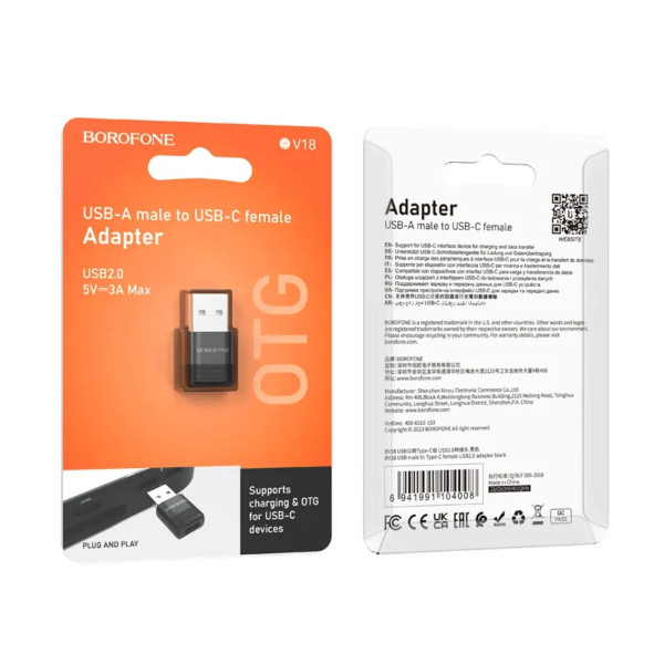 Адаптер BOROFONE BV18 USB male to Type-C female USB2.0 adapter Чорний