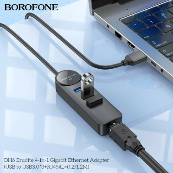 Адаптер Borofone DH6 Erudite 4-in-1 100 Mbps Ethernet Adapter(USB to USB2.0*3+RJ45)(L=1.2M) Чорний