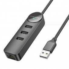 Адаптер Borofone DH6 Erudite 4-in-1 100 Mbps Ethernet Adapter(USB to USB2.0*3+RJ45)(L=1.2M) Чорний