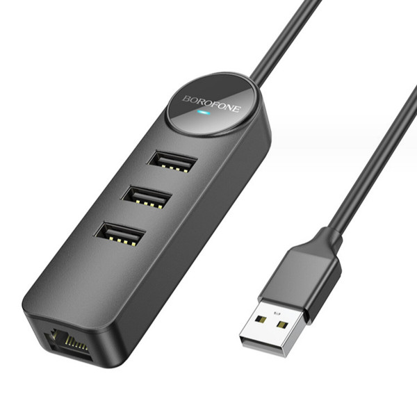 Адаптер Borofone DH6 Erudite 4-in-1 100 Mbps Ethernet Adapter(USB to USB2.0*3+RJ45)(L=1.2M) Чорний