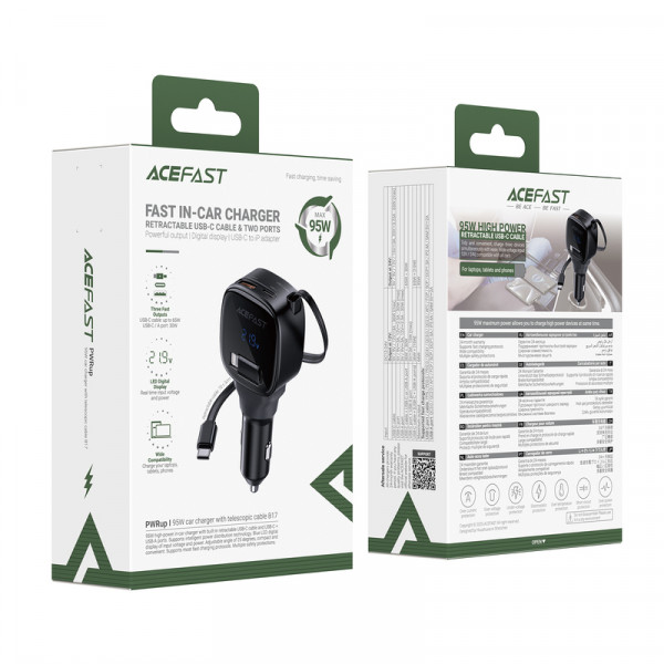 Автомобільний зарядний пристрій ACEFAST B17 95W car charger with telescopic cable Black (6974316285946)