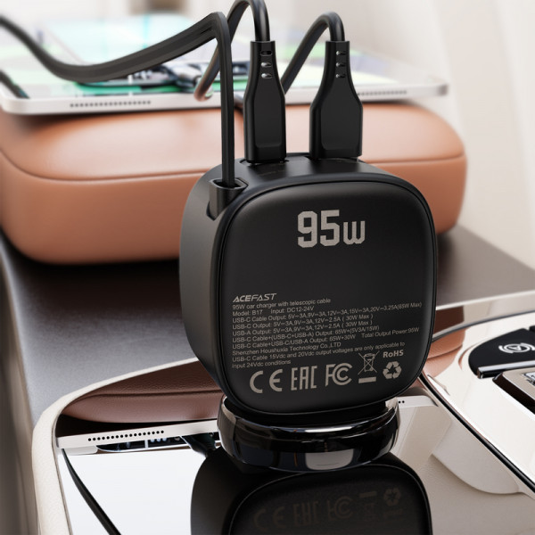 Автомобільний зарядний пристрій ACEFAST B17 95W car charger with telescopic cable Black (6974316285946)