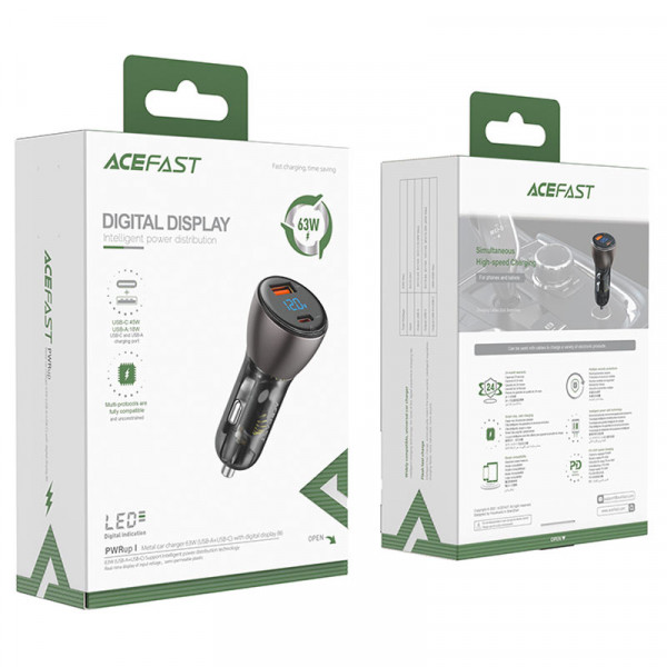 Автомобільний зарядний пристрій ACEFAST B6 metal 63W (USB-A+USB-C) with digital display (6974316280972)