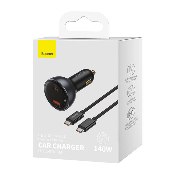 Автомобільний зарядний пристрій Baseus Digital Display PD3.1 Dual Fast Charger Car Charger U+C 140W Set Obsidian Black (With Superior Series Fast Char