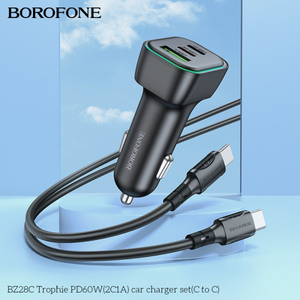 Автомобільний зарядний пристрій BOROFONE BZ28C Trophie PD60W(2C1A) car charger set(C to C) Black (6941991110894)