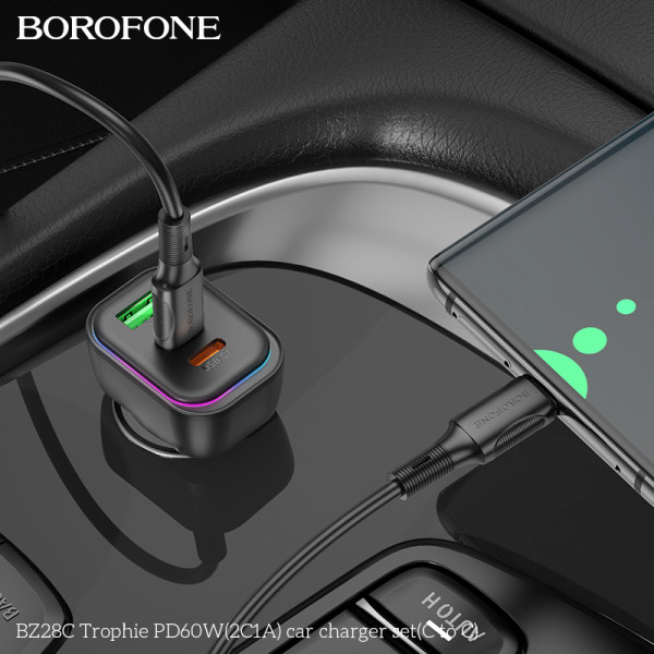 Автомобільний зарядний пристрій BOROFONE BZ28C Trophie PD60W(2C1A) car charger set(C to C) Black (6941991110894)