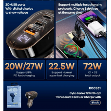 Автомобільний зарядний пристрій REMAX Cybo Series 72W PD+QC 1A+2C Transparent Fast Car Charger with Digital Display RCC351 Black (6954851229377)