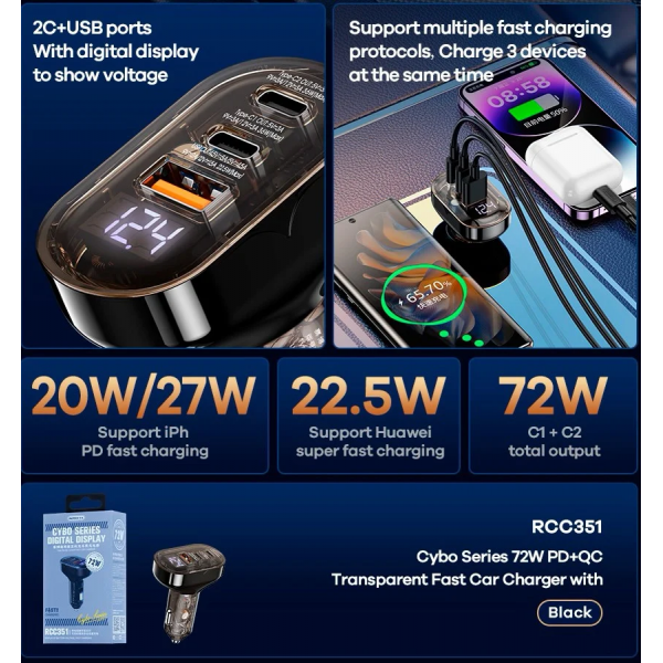 Автомобільний зарядний пристрій REMAX Cybo Series 72W PD+QC 1A+2C Transparent Fast Car Charger with Digital Display RCC351 Black (6954851229377)