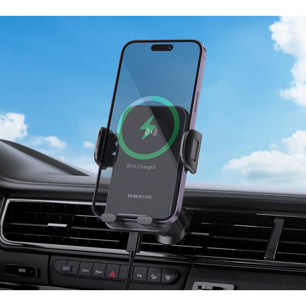 Автотримач для телефона BOROFONE BH220 Leader automatic induction wireless fast charging car holder(air outlet) Black Gray