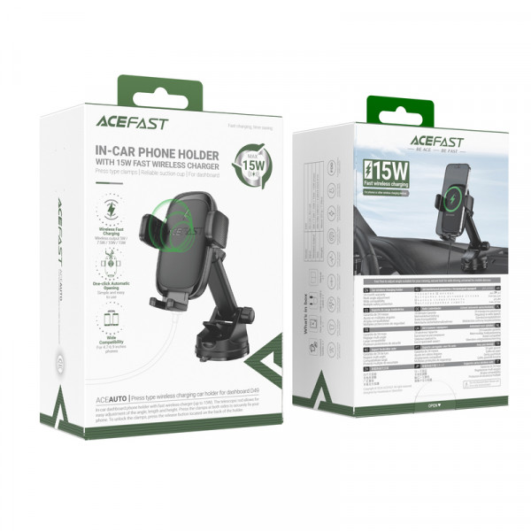 Автотримач для телефона з БЗП ACEFAST D49 press type wireless charging car holder for dashboard Black (6974316284130)