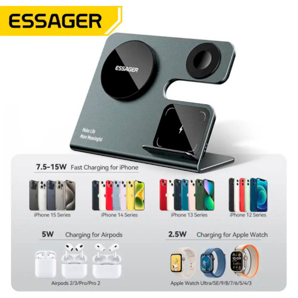 Бездротовий зарядний пристрій Essager Ruicheng desktop magnetic suction three in one wireless charging of 15W black