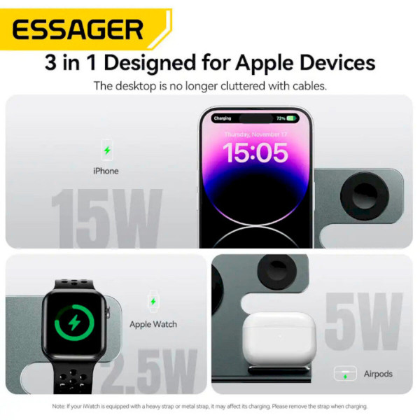 Бездротовий зарядний пристрій Essager Ruicheng desktop magnetic suction three in one wireless charging of 15W black