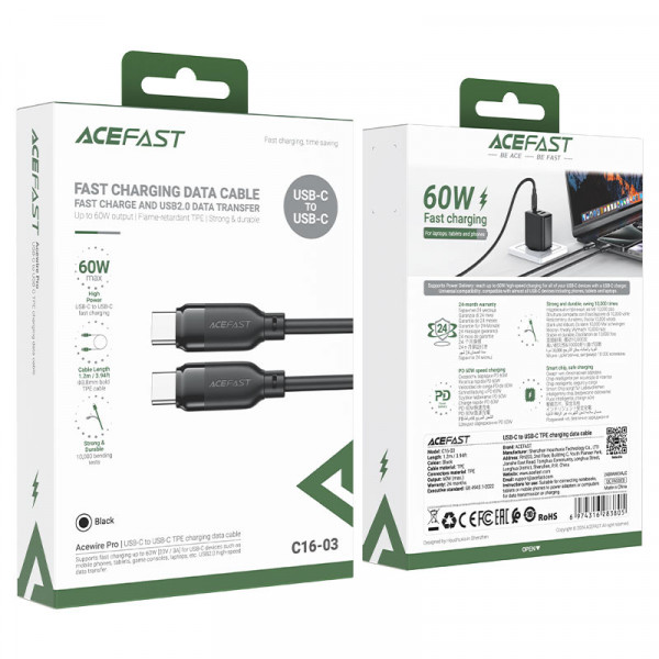 Кабель ACEFAST C16-03, Type-C to Type-C, 60W, 1.2m, TPE, TPU connectors, Black (6974316283805)