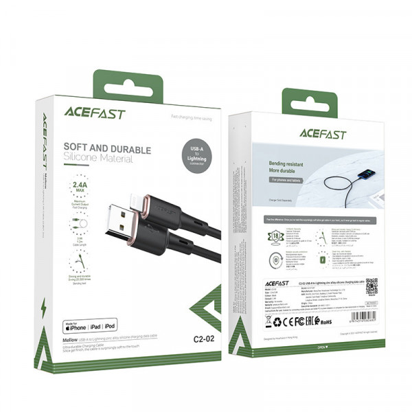 Кабель ACEFAST C2-02 USB to iP 2.4A, 1.2m, silicone, zinc connectors, Чорний
