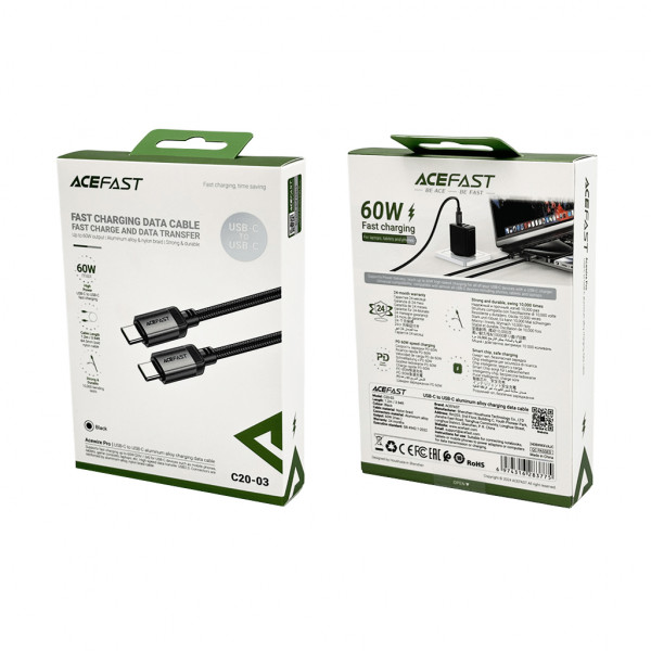 Кабель ACEFAST C20-03 USB-C to USB-C aluminum alloy charging data cable Black (6974316283775)