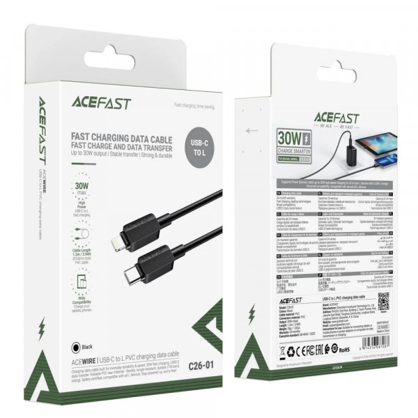 Кабель ACEFAST C26-01 USB-C to L PVC charging data cable Black (6974316287087)
