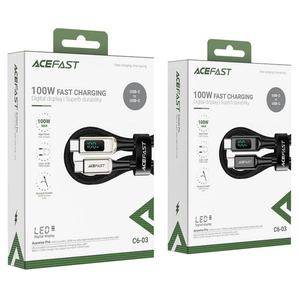Кабель ACEFAST C6-03 Type-C to Type-C 5A, 100W, 2m, nylon, zinc connectors, digital display, Black