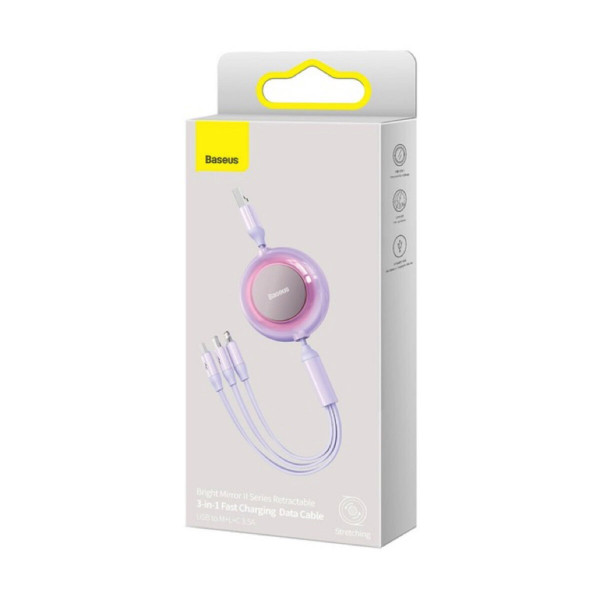 Кабель Baseus Bright Mirror 2 Series Retractable 3-in-1 Fast Charging Data Cable USB to M+L+C 3.5A 1.1m Purple