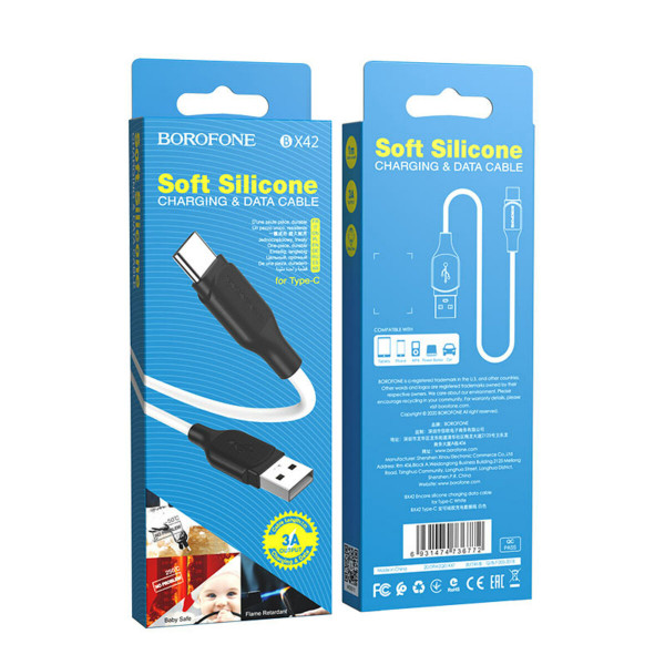 Кабель BOROFONE BX42 USB to Type-C 3A, 1m, silicone, TPE connectors, Білий
