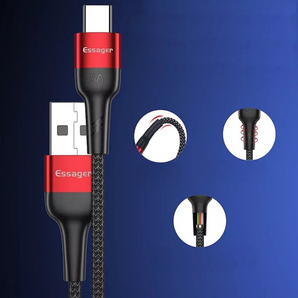 Кабель ESSAGER Fast Charging 5A USB-A to Type C 0.3m red