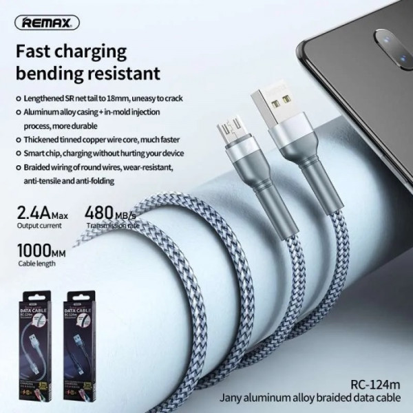 Кабель REMAX Jany Series Aluminum Alloy Braided 2.4A data cable RC-124m/i/a Micro-Black (6972174153568)