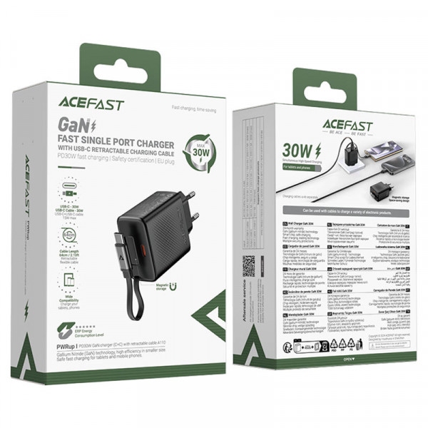 Мережевий зарядний пристрій ACEFAST A110 PD30W GaN charger (USB-C+USB-C) with retractable cable (EU) Black
