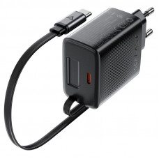 Мережевий зарядний пристрій ACEFAST A110 PD30W GaN charger (USB-C+USB-C) with retractable cable (EU) Black