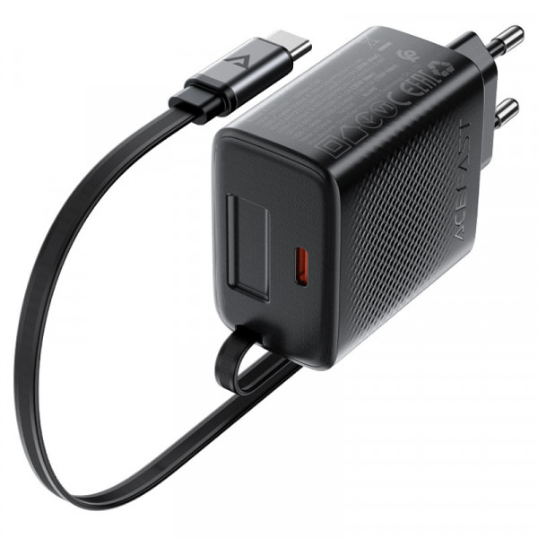Мережевий зарядний пристрій ACEFAST A110 PD30W GaN charger (USB-C+USB-C) with retractable cable (EU) Black